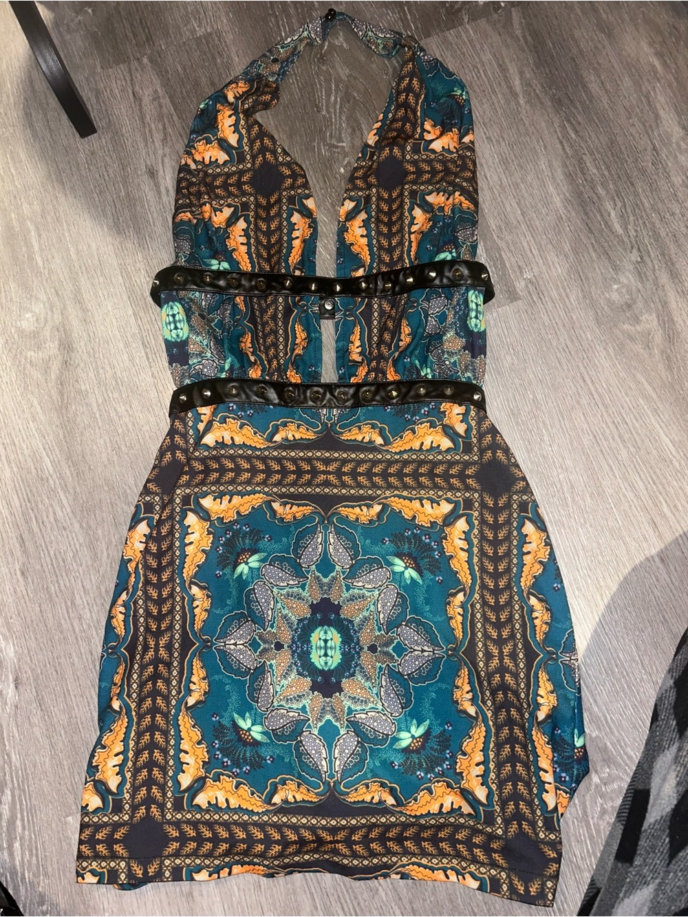 Halter Mini Dress in Teal and Mustard Paisley Print